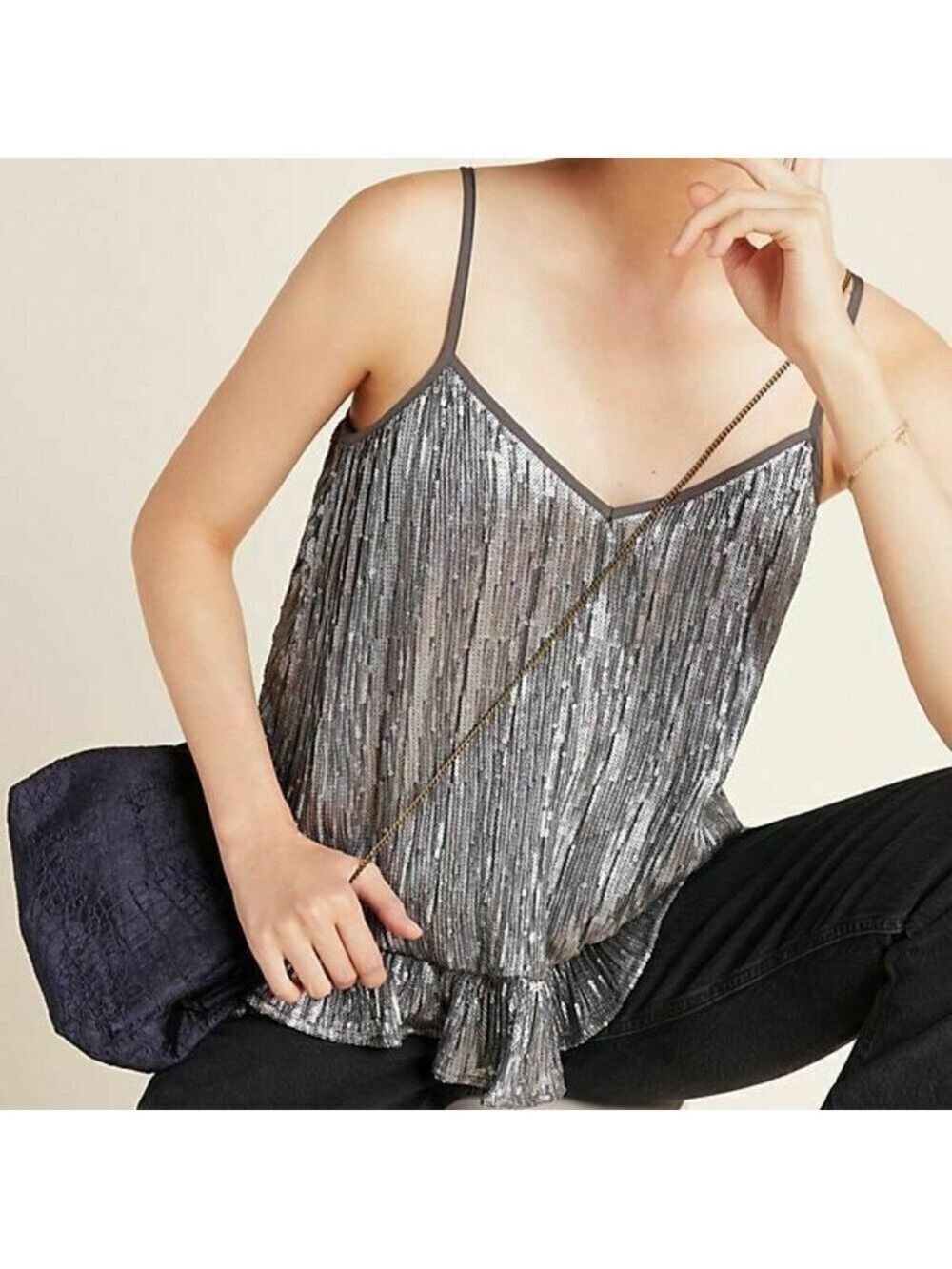 Anthropologie Amelie Beaded Cami Silver